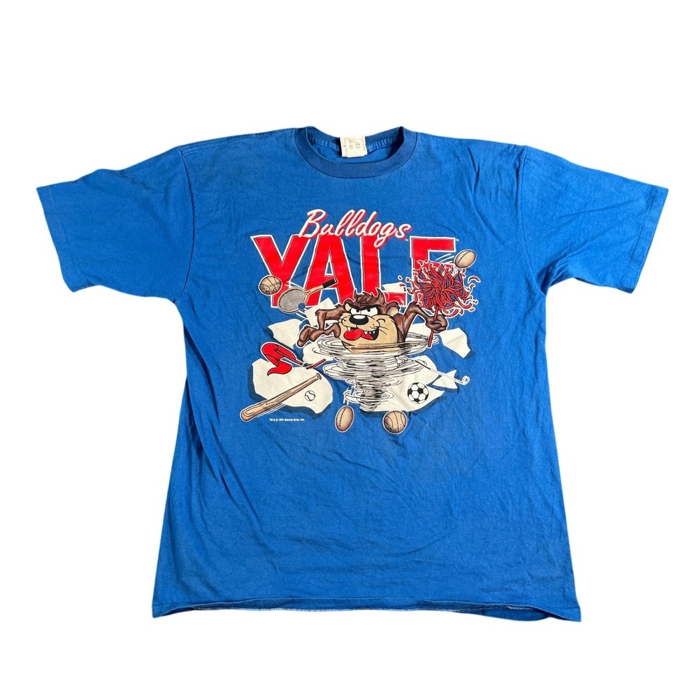 Vintage Yale Taz Bulldogs T-Shirt Mens Large Blue 1991 Looney‎ Tunes Baseball